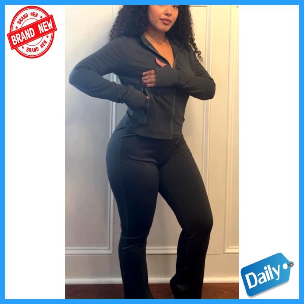 Long Sleeve Full Zip Crop Jacket Flare Pants Workout Set Pockets - Picture 7 of 7